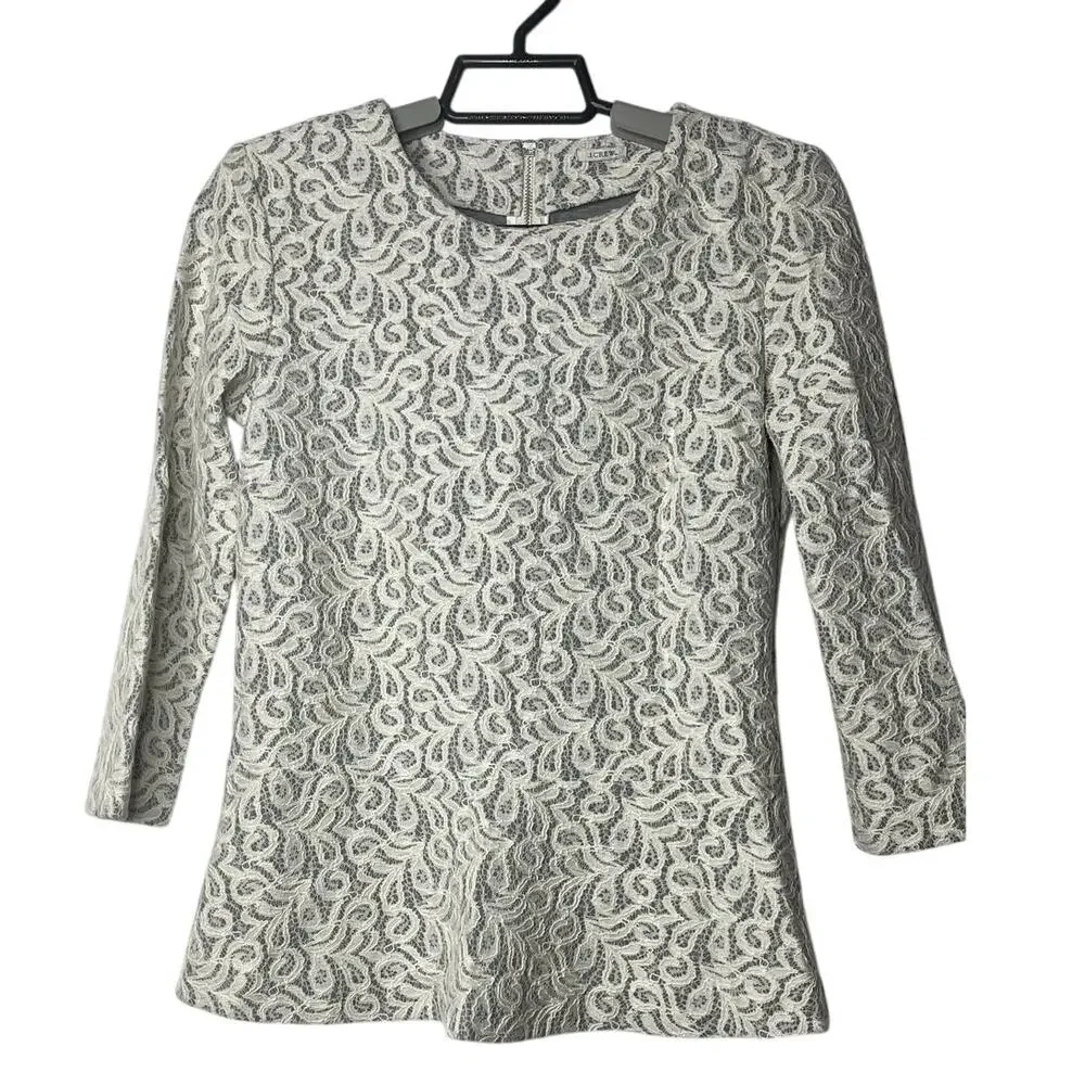 J.Crew White Lace Over Gray Cotton Peplum Top Blouse‎ Shirt 3/4 Sleeve
